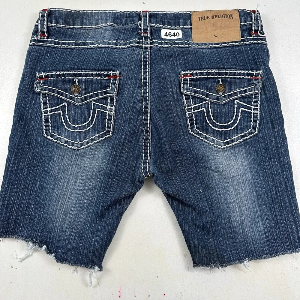 True Religion Jean Shorts Womens 32 Blue Jorts Flap Pockets Stretch Cut Offs USA